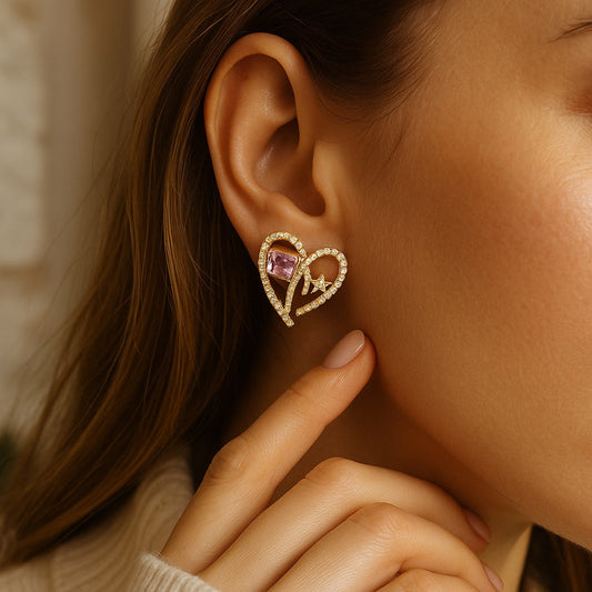 14K Gold Plated Pave Heart Stud Earrings with Purple Crystal Earrings