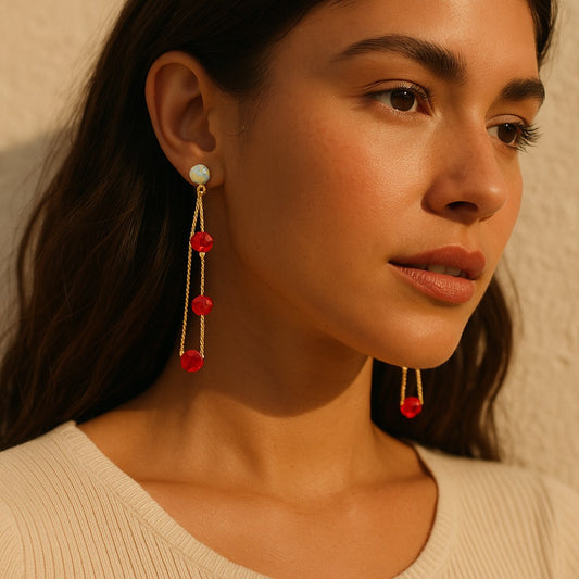 18K Gold Plated Linear Drop Earrings with Red Crystals