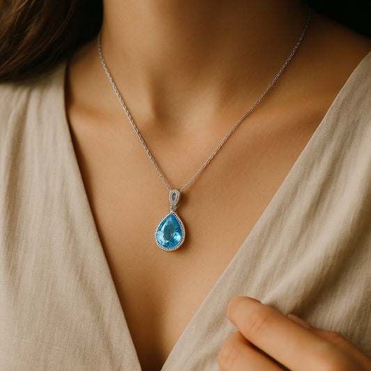 Platinum Plated Blue Crystal Teardrop Pendant Necklace