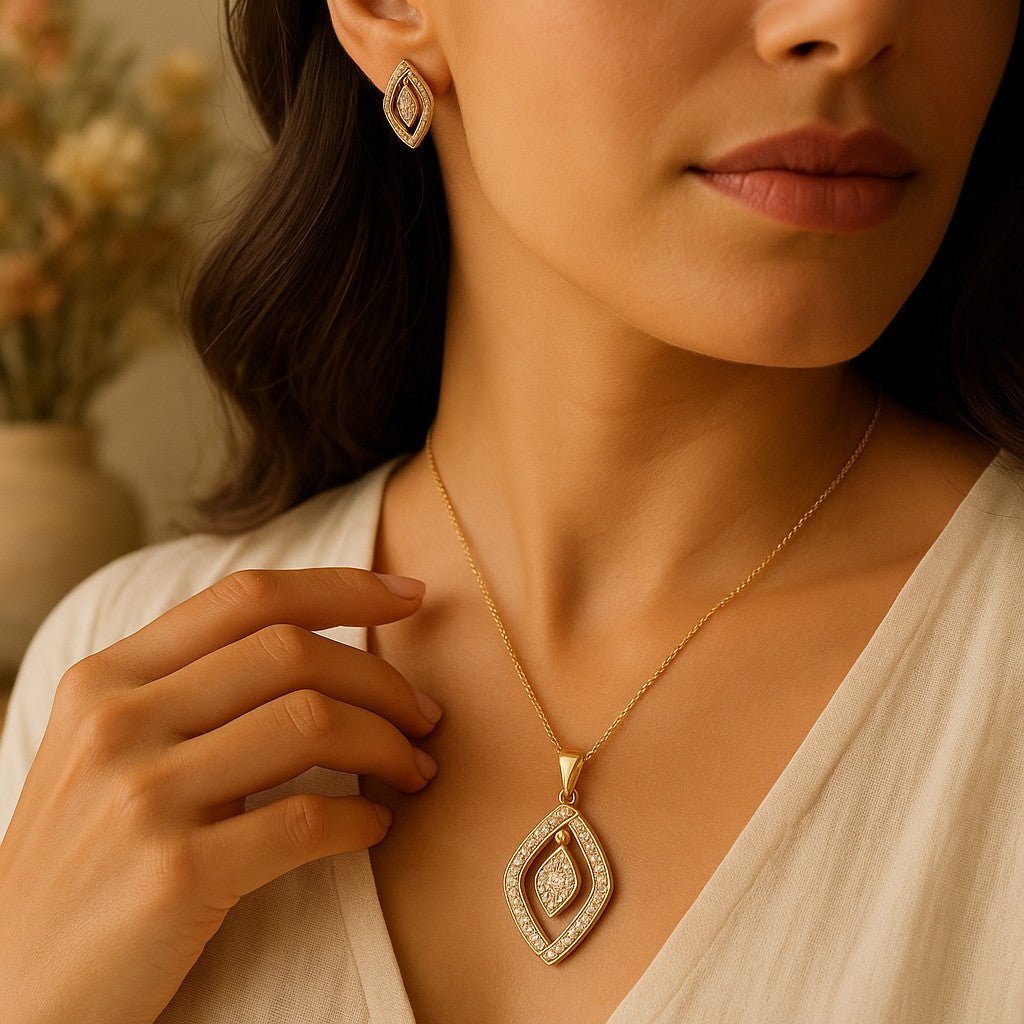 14K Gold Plated Geometric Rhombus Pendant & Drop Earrings Set