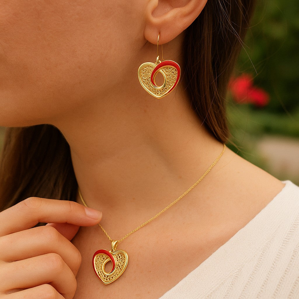14K Gold Plated Red Enamel Mesh Heart Pendant & Dangle Earrings Set