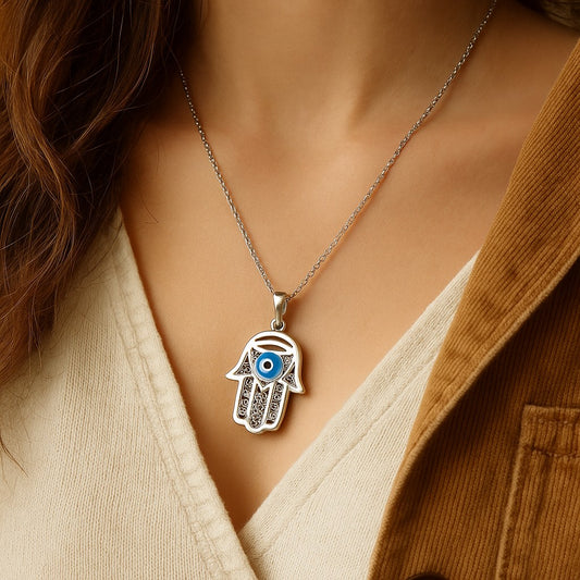 Protective Silver Hamas Hand Pendant with Evil Eye