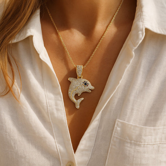 14K Gold Plated Iced Out Dolphin Pendant
