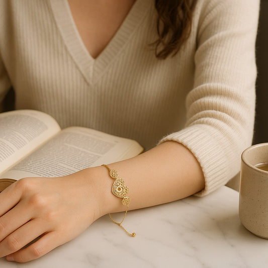 14K Gold-Tone Plated Adjustable Filigree Bracelet with Spiral Hearts