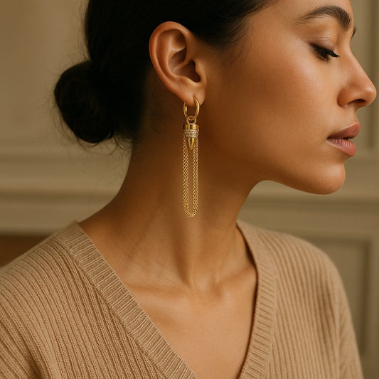 14K Gold Plated Bullet Spike Chain Dangle Hoop Earrings