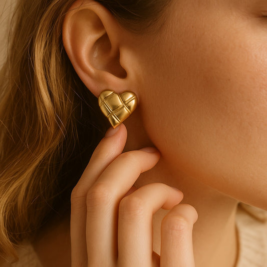 18K Elegant Gold Plated - Quilted Puffy Heart Earrings