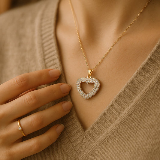 Romantic Gold Heart Pendant with Crystals - 14KGold Plated