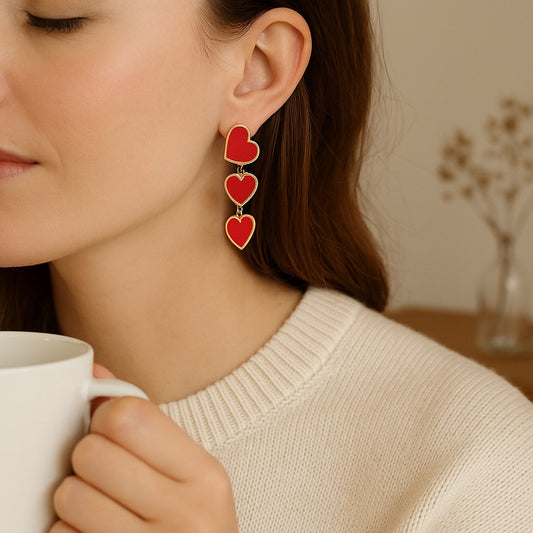 Red Double Heart Drop Earrings