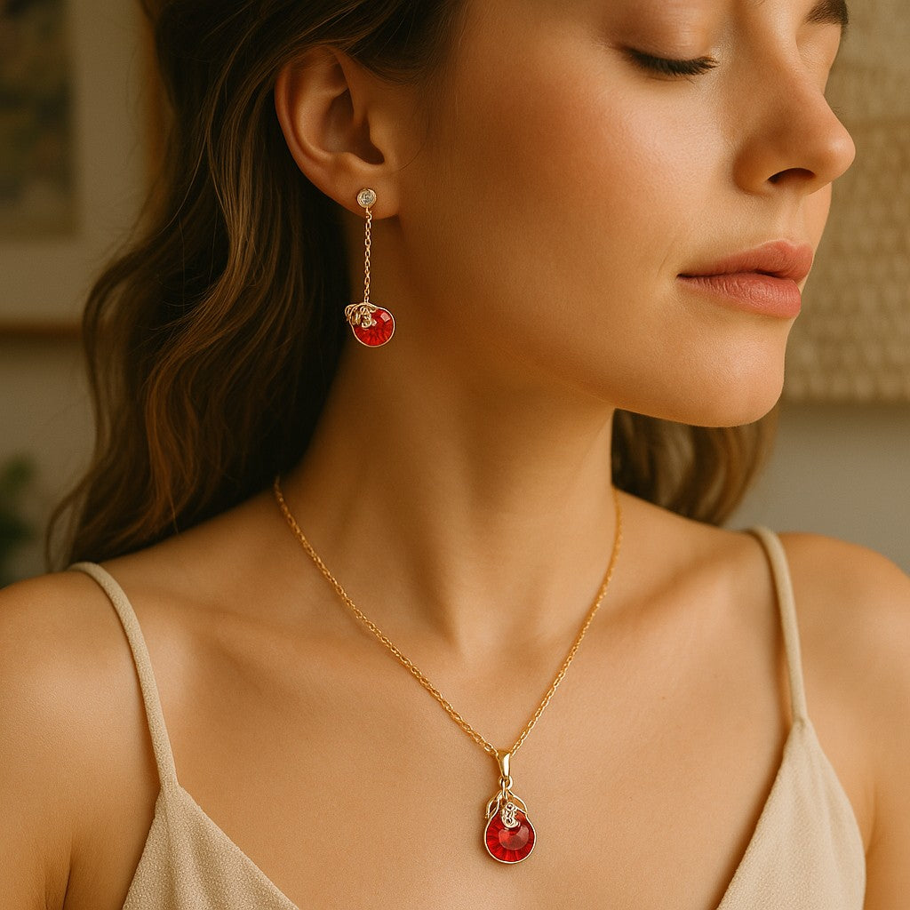 18K Gold Plated Red Crystal Gourd Pendant Necklace & Drop Earrings Set