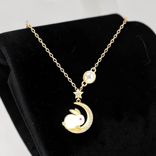 Gold Plated Crescent Moon & Rabbit Necklace