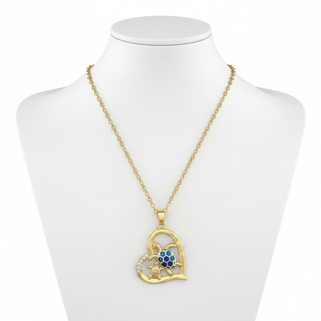 Blue Opal Sea Turtle Mother & Child Heart Necklace