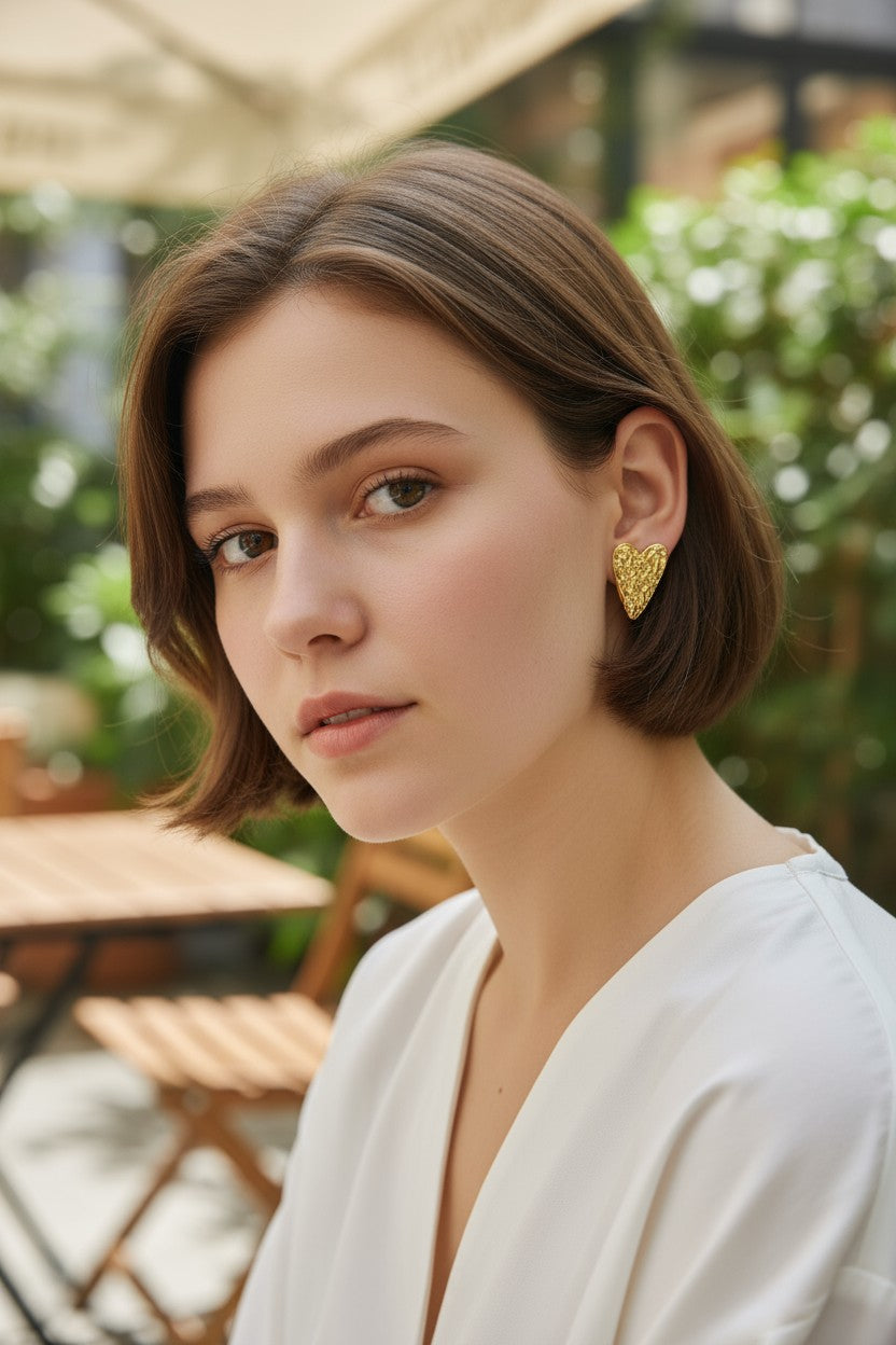 18K Gold Plated - Heart Texture Stub Earring