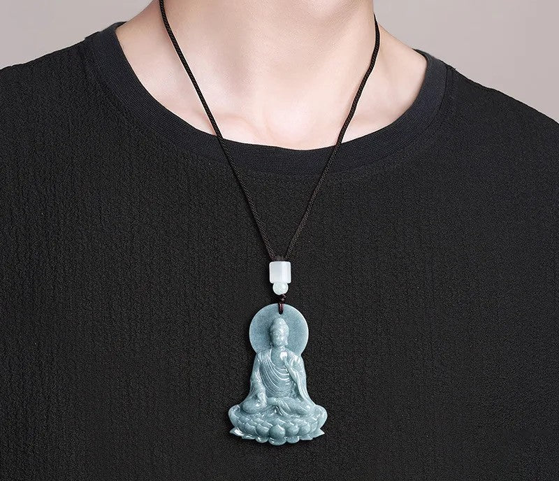 High-grade Natural Jadeite Blue Water Amitabha Pendant Hand-carved Tathagata Buddha Patron Saint Men's and Women's Necklaces