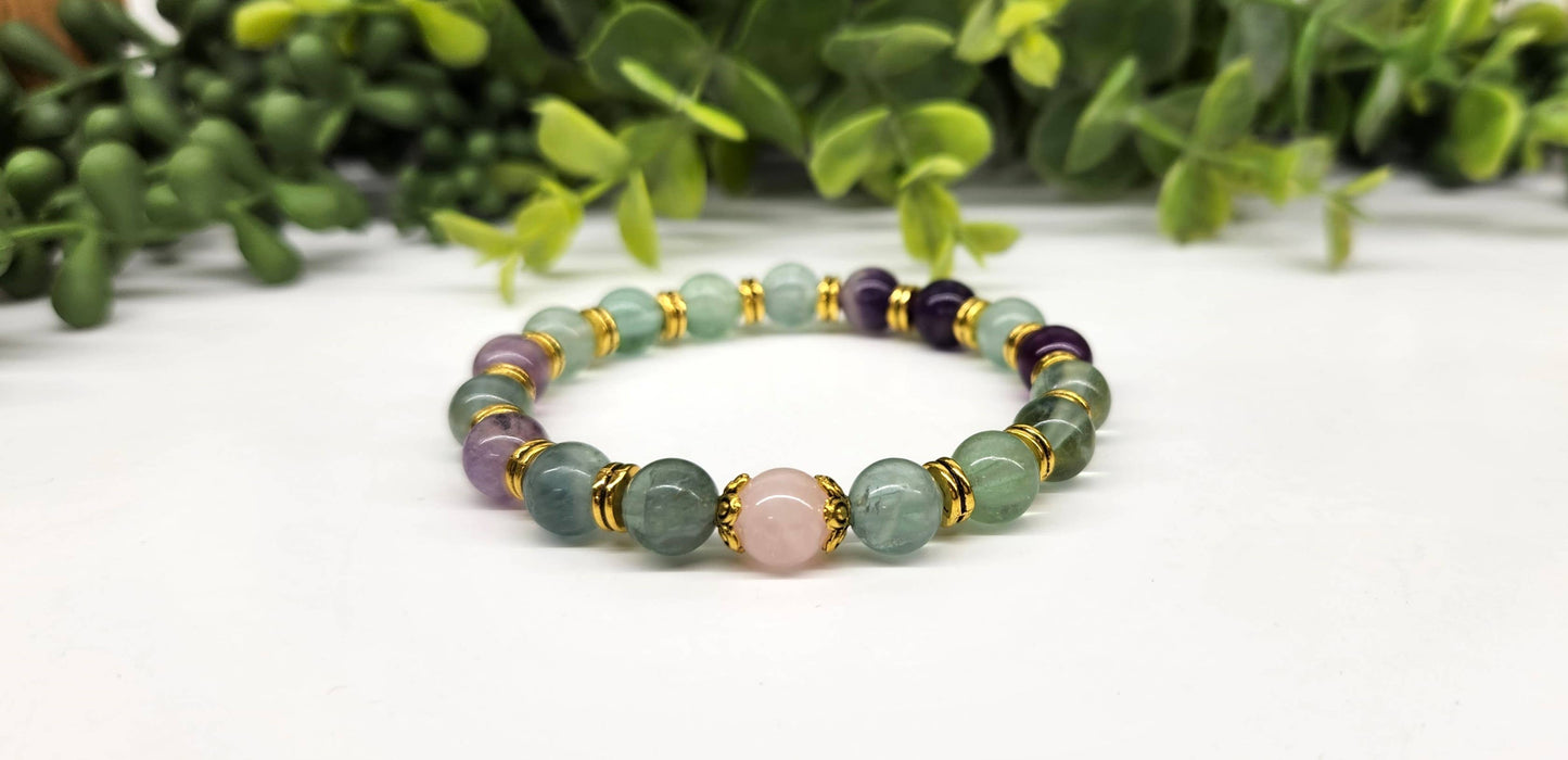 INNER PEACE - Rainbow Fluorite/Rose Quartz(center) 8mm,7.5"L