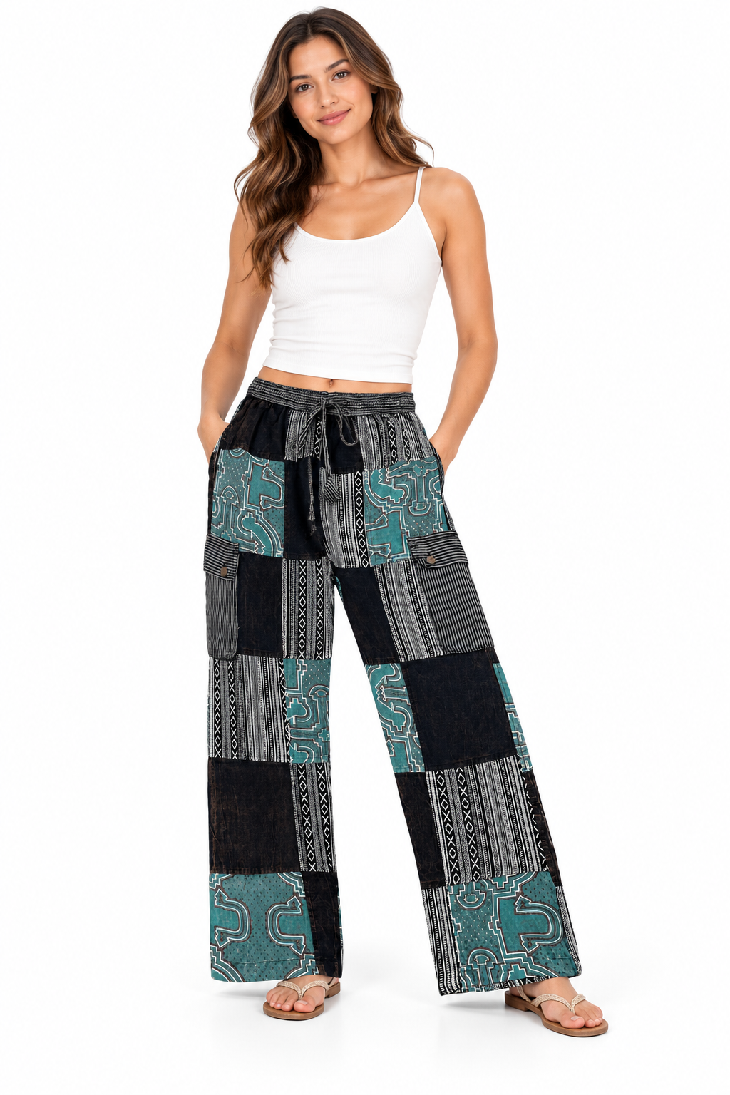 100% Cotton Patchwork Black and White Teal Tribal Pant