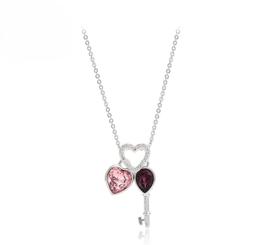 Sweetheart Lock and Pink & Purple Crystal Key Pendant - Platinum Plated