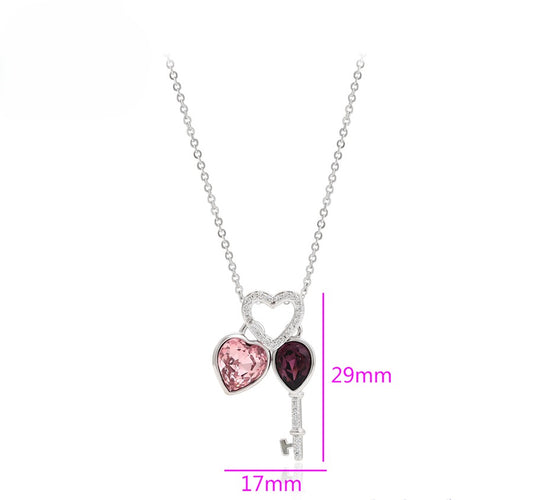 Sweetheart Lock and Pink & Purple Crystal Key Pendant - Platinum Plated