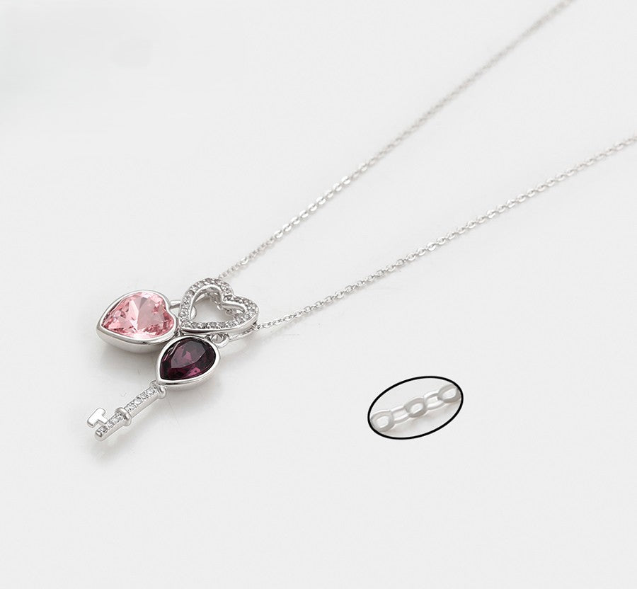 Sweetheart Lock and Pink & Purple Crystal Key Pendant - Platinum Plated