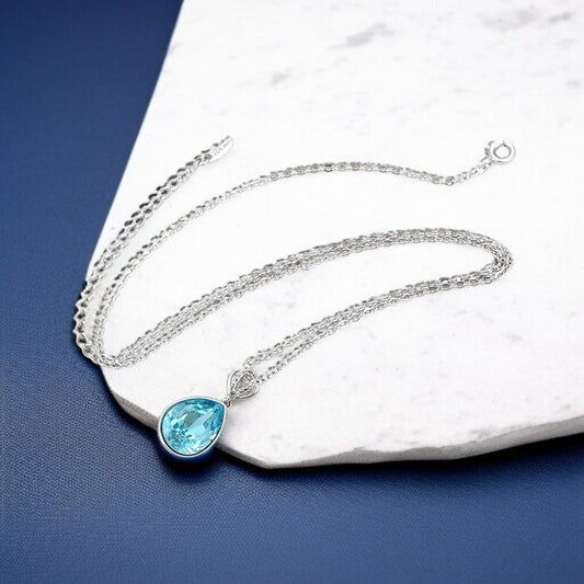 Platinum Plated Blue Crystal Teardrop Pendant Necklace