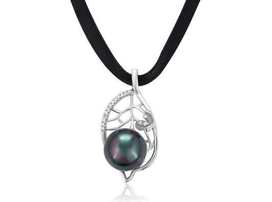 Silver Black Pearl Teardrop Pendant with Leaf and Pave Crystals on Black Cord