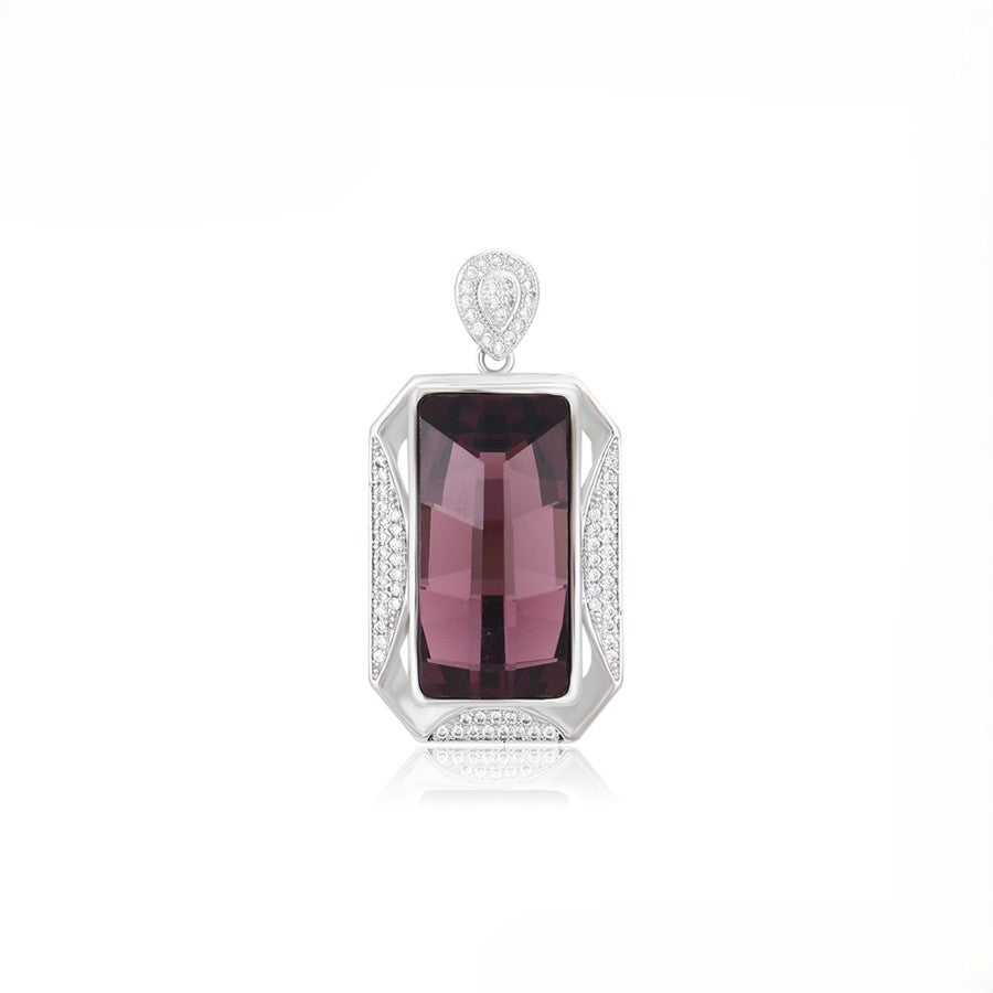 Empress Amethyst Purple Crystal Medallion Pendant | Platinum Plated Emerald Cut Geometric Statement Charm