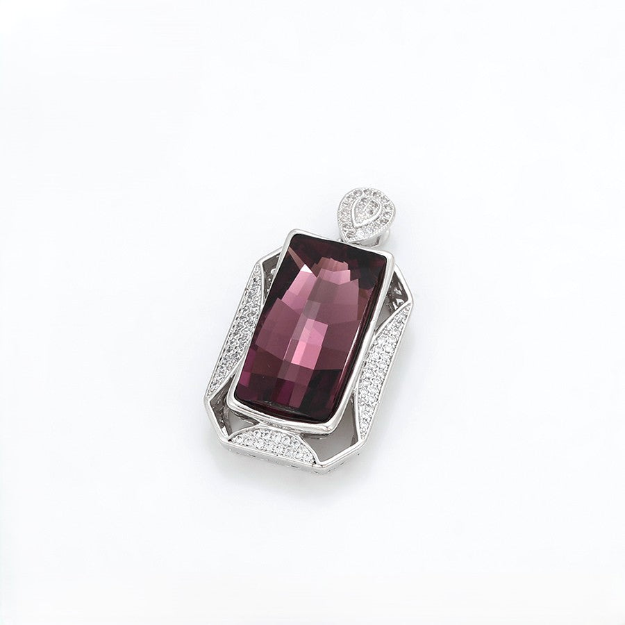 Empress Amethyst Purple Crystal Medallion Pendant | Platinum Plated Emerald Cut Geometric Statement Charm