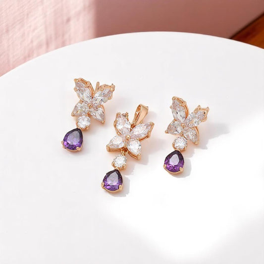 14K Rose Gold Plated Butterfly Pendant &amp; Stud Earrings Set