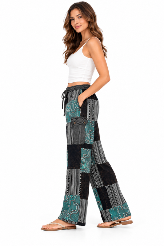 100% Cotton Patchwork Black and White Teal Tribal Pant