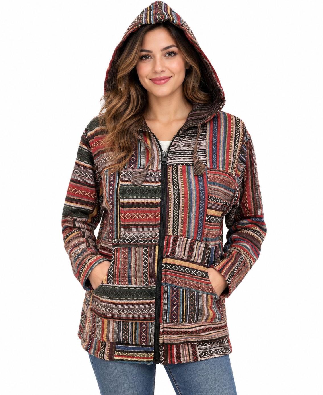 Unisex - 100 % Cotton Multi Patch Lining  Zip Hooded Jacket