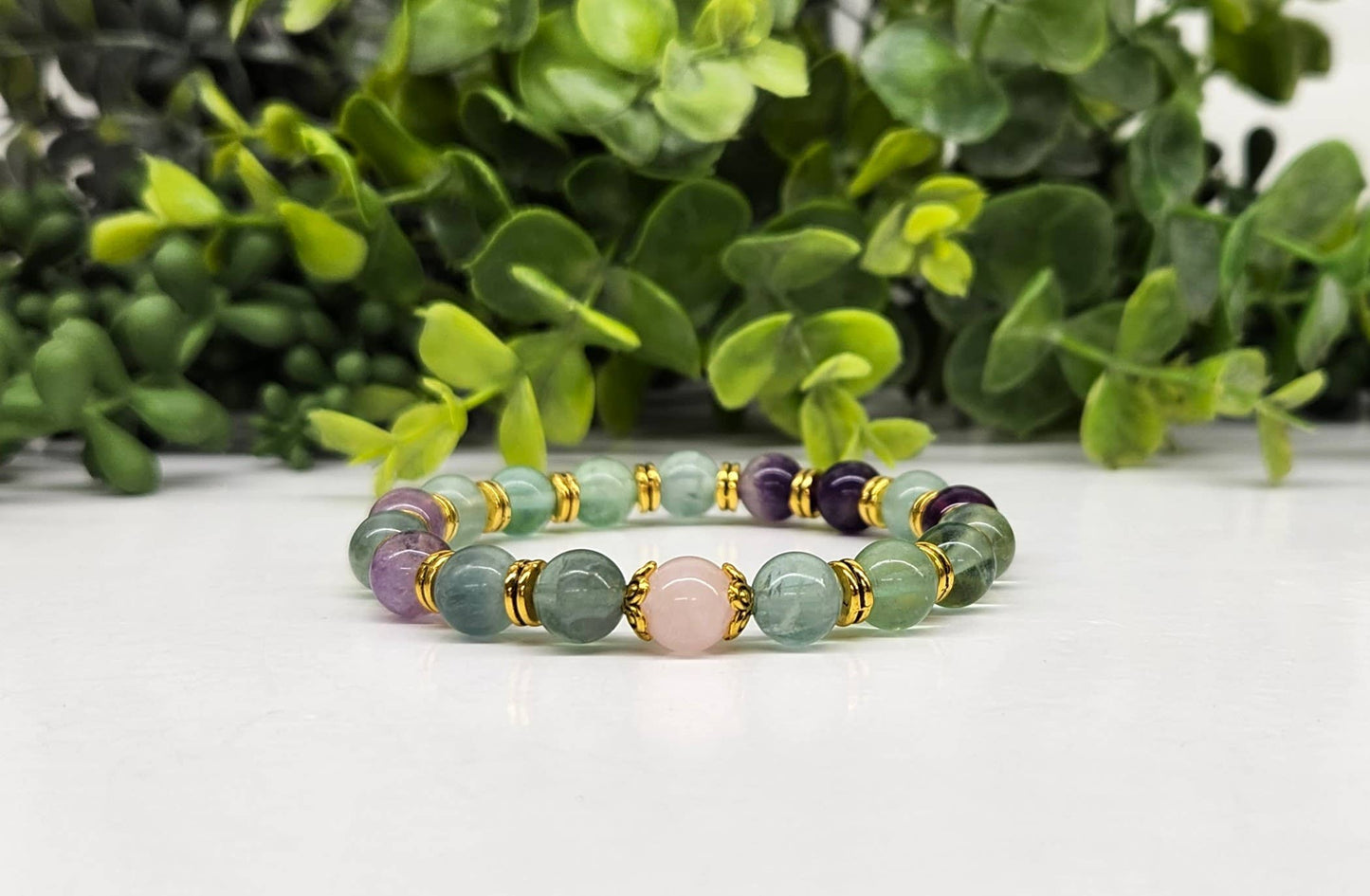 INNER PEACE - Rainbow Fluorite/Rose Quartz(center) 8mm,7.5"L