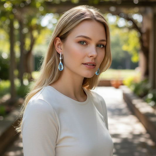 32lavender aquamarine crystal teardrop dangle earrings with platinum plating and small clear stones.