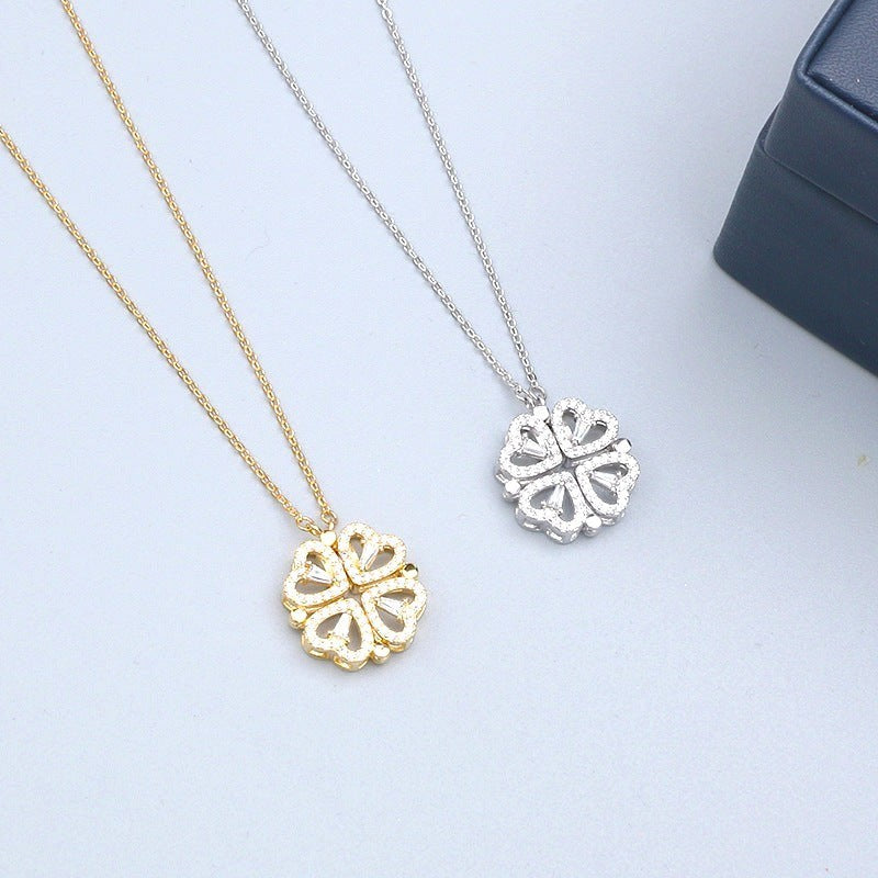 32lavender gold and silver transformable four leaf clover heart necklaces made of titanium steel with cubic zirconia.