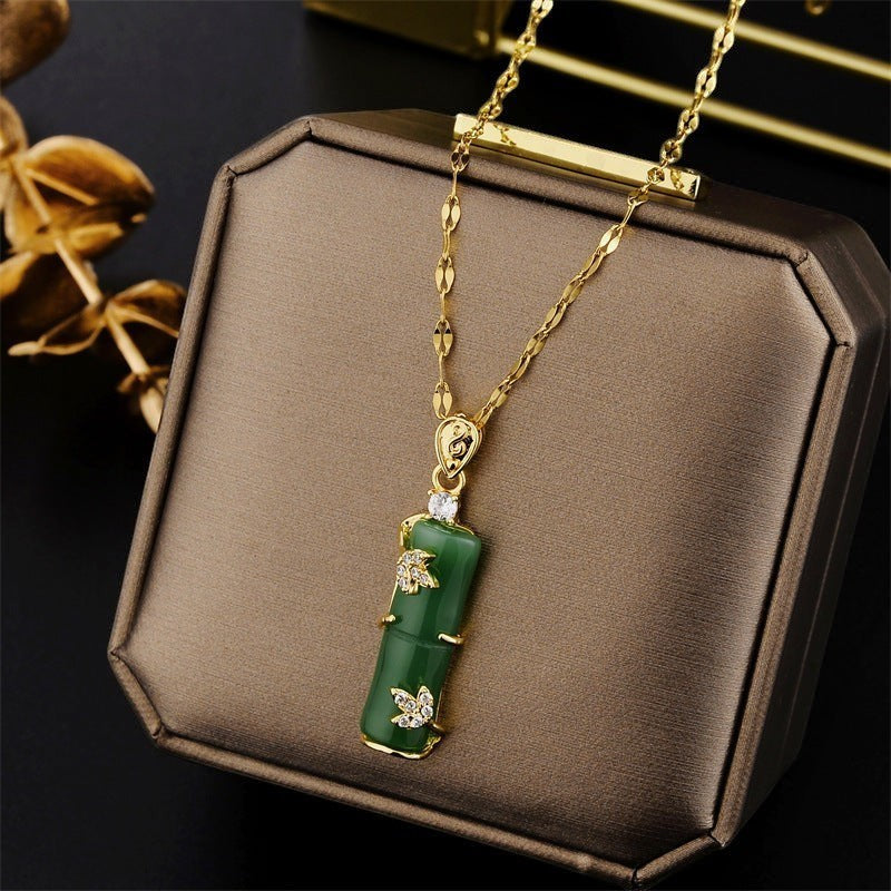 32lavender gold plated titanium steel necklace with green bamboo joint pendant and crystal accents