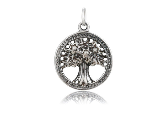 Tree of Life Charm in Sterling Silver with Circular Border Pendant