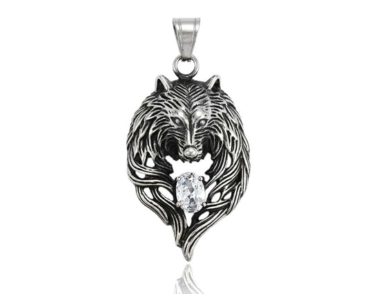 Wolf Charm in Sterling Silver with White Gemstone - Howling Wolf Pendant