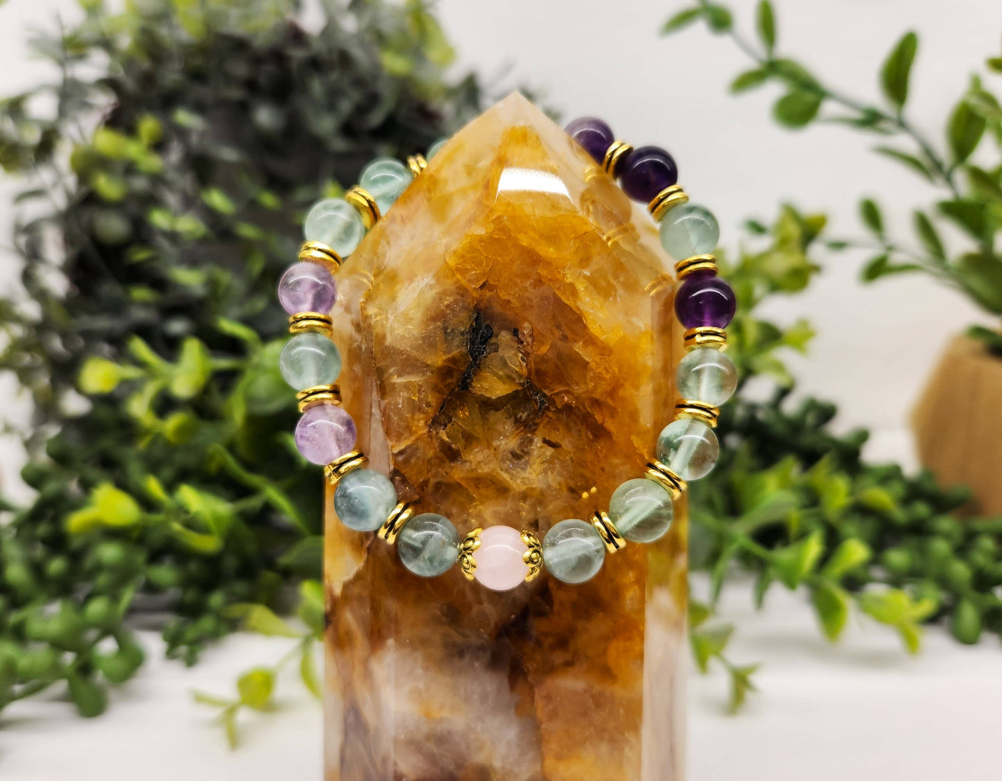INNER PEACE - Rainbow Fluorite/Rose Quartz(center) 8mm,7.5"L