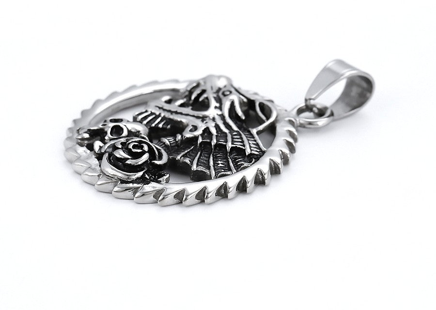 Dragon with Skull and Rose Charm in Sterling Silver