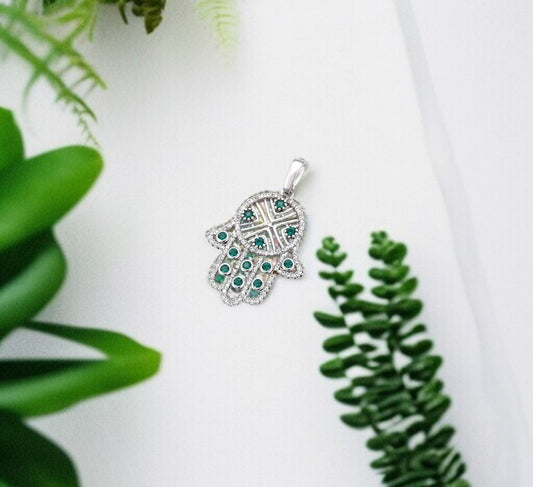 Sterling Silver Hamas Hand Pendant with Green &amp; Clear Crystals