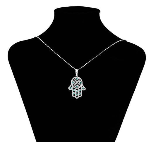 Sterling Silver Hamas Hand Pendant with Green &amp; Clear Crystals