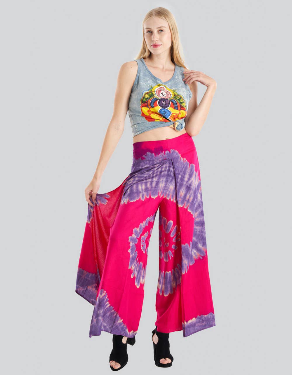 Spiral tie dye split front pant