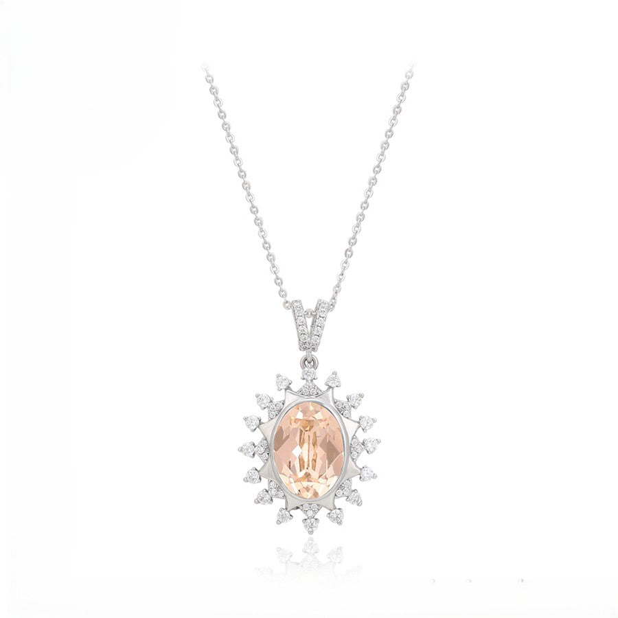 Aurora Champagne Quartz Sunburst Necklace | Platinum Plated Oval Crystal Halo Statement Pendant