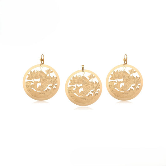 18K Gold Plated Round Koi Fish &amp; Lotus Flower Pendant &amp; Leve rback Earrings Set