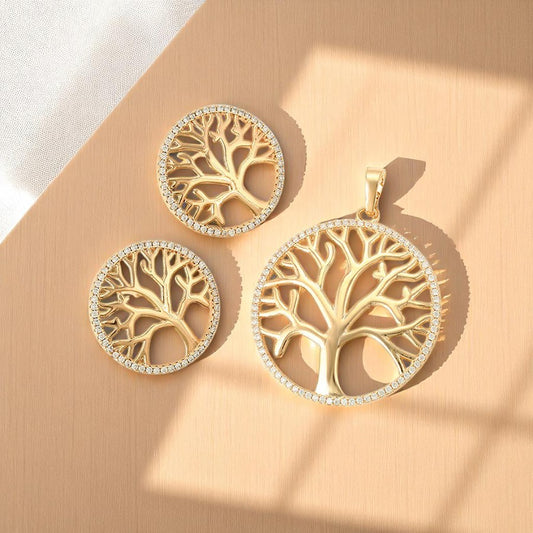 Nature Inspired Gold Tree of Life Round Pendant &amp; Earring Gift Set
