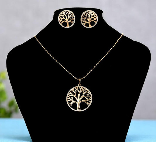 Nature Inspired Gold Tree of Life Round Pendant &amp; Earring Gift Set