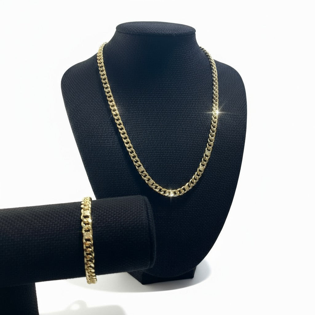 18K Gold Plated Diamond Cuban Link Chain and Bracelet Set