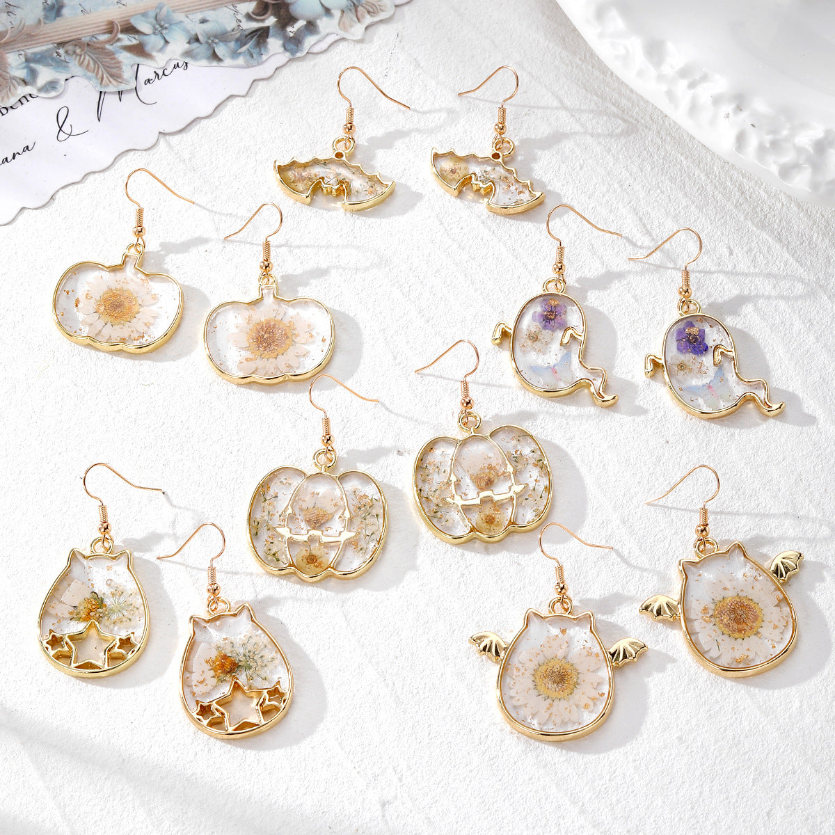 Halloween Pressed Flower Earrings — Bat, Pumpkin, Cat & Ghost