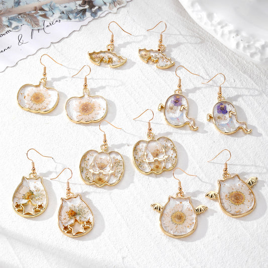 Halloween Pressed Flower Earrings — Bat, Pumpkin, Cat & Ghost