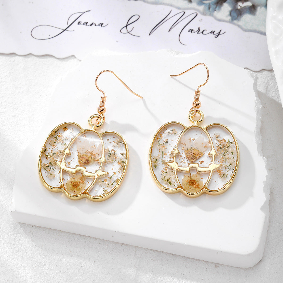 Halloween Pressed Flower Earrings — Bat, Pumpkin, Cat & Ghost