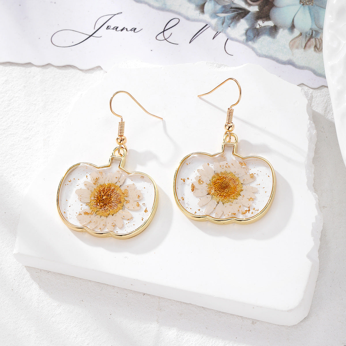 Halloween Pressed Flower Earrings — Bat, Pumpkin, Cat & Ghost