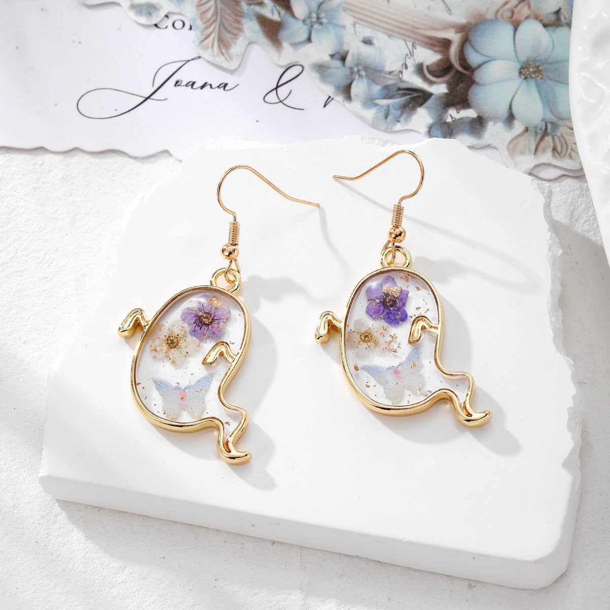 Halloween Pressed Flower Earrings — Bat, Pumpkin, Cat & Ghost